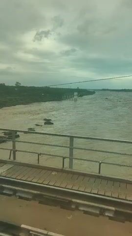 The video shows a wide, muddy river with choppy water, suggesting a strong current. The riverbanks are lined with dense green vegetation. In the foreground, there is a metal railing and wooden planks, possibly part of a bridge or walkway. Railway tracks are also visible below the wooden planks. The sky is overcast with heavy gray clouds, indicating a potentially stormy or rainy day. There are no people visible in the video. The overall scene depicts a natural environment with evidence of man-made infrastructure.