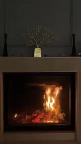 A closed fireplace is the focus of the frame. Flames leap over embers in the firebox behind a glass door. The fireplace surround is off-white. On the mantel above, there is a wire tree in a light-colored pot in the center, with a pair of black vases on either side of it. Small pine cones are scattered on the mantel. The wall above the mantel is a dark gray with a decorative molding.