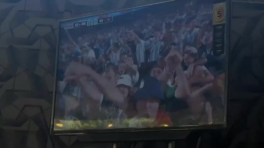 A television screen displays a soccer match. The score shows 2-2. In the foreground of the screen, a group of jubilant fans are cheering and celebrating, with some of them raising their arms in the air. In the background, two men in blue shirts with armbands are sitting and appear to be in deep conversation, with one man touching his face in a gesture of distress or concern. The television is mounted on a stand and is positioned in front of a wall with a geometric pattern. The overall lighting in the scene is dim.