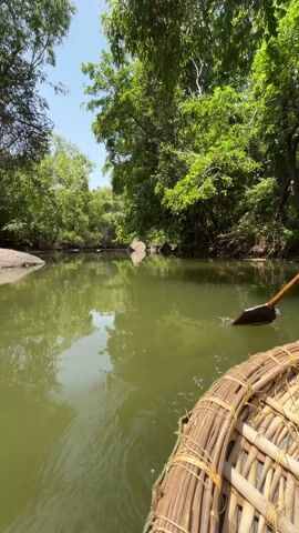 From the perspective of someone sitting in a small, round, wicker boat, the video shows a ride down a narrow, slow-moving river, surrounded by lush, green trees. The water is a murky green color, and the reflections of the trees are visible on the surface. A wooden paddle is used to propel the boat forward. The sky is blue and clear.
