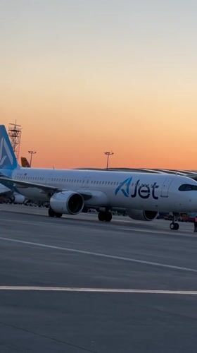 AJet passengers board aircraft at sunset in Pendik, Turkey