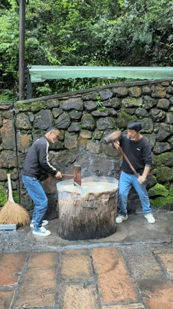 Men pound substance with mallets in traditional preparation, Xiehe