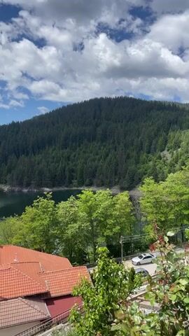 The video captures a scenic view of a forest-covered mountain overlooking a calm lake. In the foreground, several houses with red tile roofs are visible, nestled amidst lush green trees. A white car is seen driving on a road to the right of the frame. The sky is partly cloudy with scattered white clouds against a clear blue backdrop. The lighting suggests it is daytime, likely late morning or early afternoon. The overall scene depicts a tranquil natural environment with a touch of human settlement.