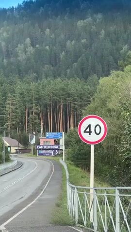 A roadside scene is captured from a slightly elevated perspective. A paved road curves to the left, bordered by a sidewalk and a white metal railing. A speed limit sign indicating 40 is prominently displayed on the right. In the background, a dense forest of tall pine trees covers a steep hillside, with a few buildings and advertising signs visible near the road. The sky is a pale blue, suggesting daytime. The camera appears to be stationary.