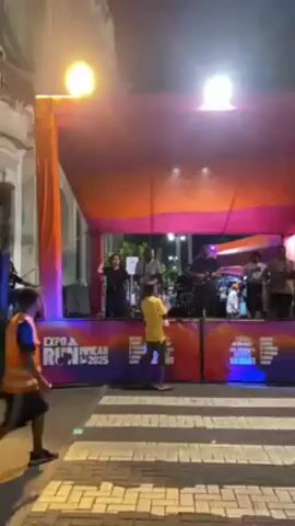 A night-time street scene shows a band performing on a stage draped with pink and orange fabric. Several people are on stage playing instruments and singing into a microphone. In the foreground, pedestrians cross a zebra-striped crosswalk in front of the stage. They are dressed in various colors including pink, orange, and yellow. The banner beneath the stage reads "EXPO LINEAR 2025." Street lights illuminate the scene. Trees and buildings are visible in the background.