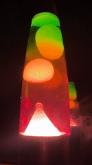 Witness documents colorful lava lamps in operation with cat nearby