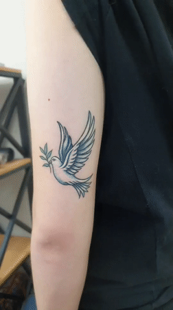 Fresh tattoo session documented in Ulyanovsk showing dove, wasp designs