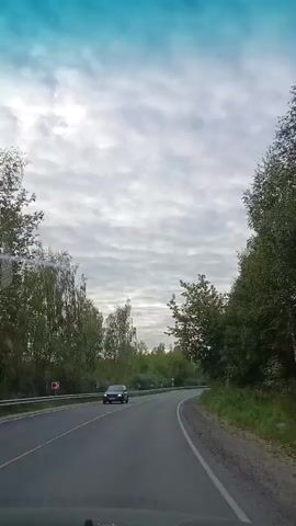 The video shows a view from inside a vehicle driving on a two-lane road that curves to the right. The road is paved and has white lane markings. On either side of the road are trees and vegetation. The sky is cloudy. Several cars are visible on the road, including a dark-colored sedan in the left lane, a light-colored sedan in the right lane ahead, and another car further ahead in the left lane. Traffic signs are visible on the left side of the road. The time stamp indicates the video is from 00:00 to 00:05.