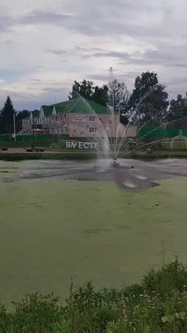A body of water, covered in green algae, has a fountain spraying water in the center. A building with the words "ВМЕСТЕ" visible in large white letters is behind the fountain. In the background, trees and a cloudy sky are visible.