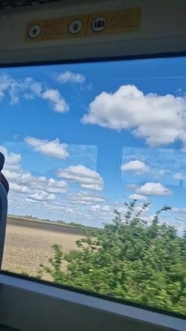 The video captures a wide view from a moving train window, showcasing a vast, flat rural landscape under a bright blue sky. Numerous fluffy white cumulus clouds are scattered across the sky, with some reflections of the train's interior visible on the window glass.

The dominant feature of the landscape is expansive, open fields with dry, light brown soil, suggesting they are either tilled, fallow, or recently harvested. The flat terrain is characteristic of the Fenland District, as indicated by the context. In the distance, a small, dark building or shed can be seen, alongside several tall power line pylons that stretch across the horizon.

Within the train, a partial view of a gray object, possibly a seat or part of the interior structure, is visible in the lower left corner of the frame. Above the window, a light-colored panel displays four distinct icons with yellow borders. From left to right, these include an upward arrow within a circle, a circular symbol (the details of which are unclear), a suitcase icon with an arrow pointing towards it (likely indicating luggage storage), and a fourth partially visible icon. There is also text underneath these symbols, but it is too small and indistinct to read.

The scene depicts a sunny daytime, with clear weather conditions. The continuous motion of the landscape implies travel, providing a serene and open vista from the perspective of a passenger.