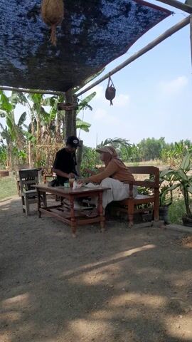 The video shows two individuals sitting at a table outdoors.  One individual, appearing older and wearing a head covering and a light-colored shirt, is seated on a wooden chair on the right. This person is holding a small object in their hand and appears to be looking down at it. A wooden table with a patterned surface is in front of them. On the table, there is a bottle and a glass.  The second individual, wearing a dark shirt and a baseball cap, is seated on a wooden chair on the left, facing the first individual. They are also seated at the same table.  The background consists of lush green vegetation, including what appear to be banana trees. A thatched roof structure extends over the seating area from the left side of the frame. Two coconut-like objects are hanging from the structure on the left. The ground is covered with dirt and gravel. The sky is visible above the vegetation. The scene is lit by natural daylight, casting shadows on the ground.