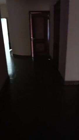 The video pans across a dimly lit hallway with multiple doors. The floor is tiled and appears to be dark. The walls are a neutral color, and one door is slightly ajar, revealing a brighter space beyond. The lighting suggests it is either nighttime or the area is not well-lit. There are no people or explicit actions visible in the video.