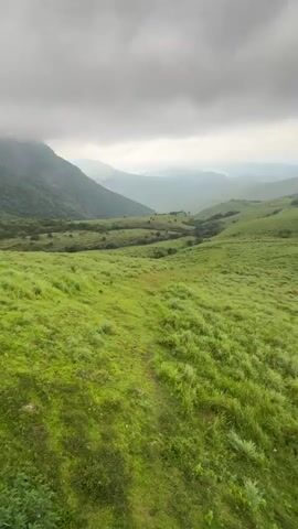 The video shows a panoramic view of a grassy landscape with rolling hills under an overcast sky. The grass is a vibrant green, suggesting recent rainfall. The hills stretch into the distance, gradually fading into a misty horizon. The sky is filled with grey clouds, obscuring the sun. There are no people or animals visible in the video. The camera seems to be positioned at an elevated point, possibly on a higher hill or ridge, providing a wide perspective of the landscape. There are a few scattered trees and patches of darker vegetation amidst the grass. The scene suggests a remote, natural environment.