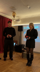Interactive celebration with golden "25" balloons documented in Moscow