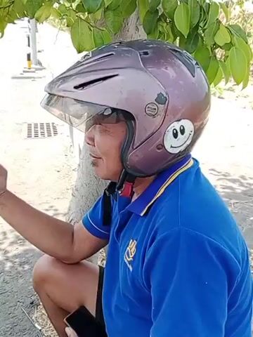 A medium shot captures a man wearing a gray helmet and a blue polo shirt. He is positioned outdoors, with a tree and its green leaves visible in the background. The man is looking to the left of the frame, and his face is partially obscured by his helmet. A cell phone is visible in his left hand. The man's polo shirt has a logo on the left side of his chest. The scene appears to be a sunny day.