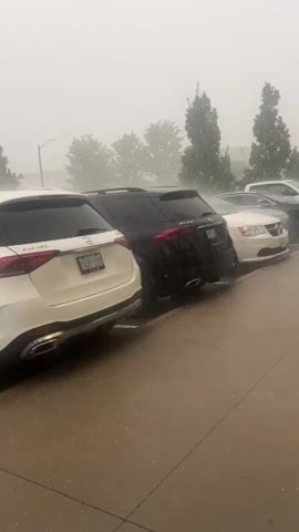 The video shows a line of parked cars under heavy rain and wind. The cars are mostly SUVs and sedans, parked on a wet pavement. Trees are visible in the background, and the sky is overcast and hazy. The rain is coming down hard, creating splashes on the pavement and obscuring visibility. The wind appears to be strong, as the trees and some of the cars seem to be swaying slightly.