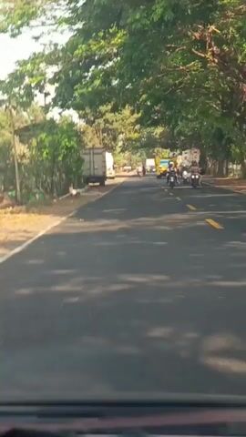 The video shows a slightly blurred view from inside a vehicle, looking forward along a road lined with trees. The road appears to be asphalt and has yellow lane markings. Several vehicles are visible on the road. On the left side of the road, there is a white box truck parked. Further down the road, there are other vehicles, including a yellow truck, a few motorcycles, and what appear to be other trucks or vans. The overall environment seems to be a semi-rural or suburban area with abundant greenery from the trees overhead and on the sides of the road. The lighting suggests it is daytime, possibly morning or afternoon.