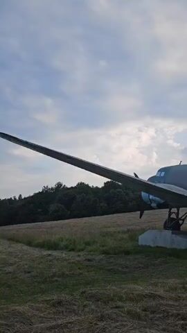 The video pans to the right, showing the side of an old airplane parked in a grassy field. The airplane is painted a dull green with some patches of lighter gray. It has a propeller on the left side. In the background, there are trees and a cloudy sky. The airplane has windows along the fuselage and a red star with the number 14 on its tail. The plane is resting on concrete blocks.