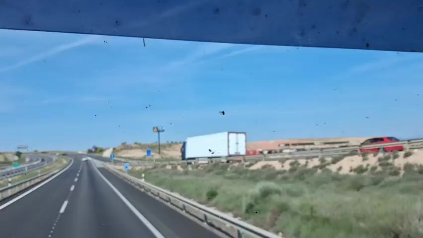 The view from inside a vehicle shows a highway under a clear blue sky. The road is straight and has multiple lanes. There's a white truck stopped on the side of the road, next to a building with a red roof. A sign shows the price of gas at 1.482. There are bugs on the windshield of the vehicle.