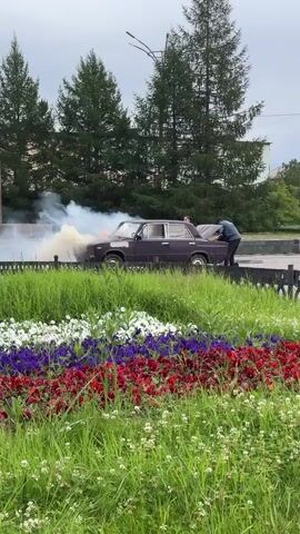 A purple car is stopped next to a patch of grass, emitting a large cloud of white smoke from its front. A person wearing a dark jacket and pants stands next to the driver's side door, facing the car and appearing to be interacting with it. In the foreground, a flower bed displays rows of white, purple, and red flowers. The background shows tall evergreen trees and a building. The sky is overcast.