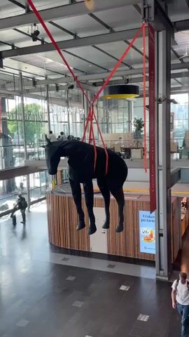 A black, horse-shaped sculpture is suspended by red straps from the ceiling of a modern indoor space. The sculpture is covered in a dark fabric, giving it a sleek, minimalist appearance. Its legs dangle freely, creating a dramatic visual effect. In the background, the interior of the space is visible, featuring large windows, wooden accents, and several people moving about. A sign reads "BANE NOR." Another sign with an image of food is also visible. The overall impression is one of an art installation in a public or commercial area.