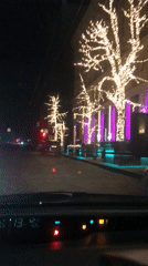 Vehicle travels slowly on cobblestone road at night