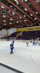 Hockey game underway in Sofia with blue, white teams