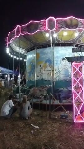 The video shows a carousel at night, illuminated by pink lights around the roof and strings of white lights around its perimeter. The carousel has painted panels featuring stylized horses and a butterfly. Two people, a man and a woman, are crouched down outside the fenced-off carousel, looking towards it. The ground is covered in dry grass and some debris. Several carousel horses are visible inside the moving ride. In the background, other tents and lights suggest a fair or outdoor event is taking place.