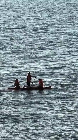 A person on a paddleboard is paddling with a paddle. There are two other people on the paddleboard, each wearing a life jacket. The paddleboard is on the water. The water is rippling. The video is shaky.