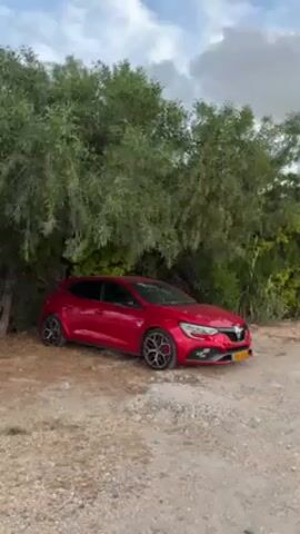 Here's a detailed description of the video:

The video shows a red Renault Megane RS parked near a lush, green tree line. The car is positioned on a dirt and gravel surface, and the surrounding foliage suggests a slightly off-road or semi-rural environment. The sky is overcast with a mix of clouds and blue patches visible. The Renault Megane RS itself is a sporty, hatchback model with stylish wheels and an aggressive front-end design. The angle gives a clear view of its side profile.  The environment appears calm and static, with no visible activity or people in the frame.
