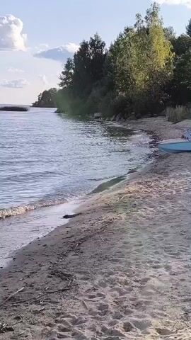 The video shows a serene beach scene with gentle waves lapping at the shore. A light blue boat rests on the sandy beach, partially submerged by the water. Lush green trees line the background, creating a natural backdrop. The sky above is partly cloudy with the sun casting a warm glow on the scene. The overall atmosphere is tranquil and inviting.