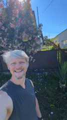 Relaxed garden morning in Sochi, ivy-covered house and selfies.