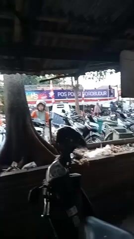 The video shows a street scene, possibly a market, with many motorcycles parked. A person wearing a red and white helmet and an orange jacket is riding a motorcycle. There are some stalls or shops with tarpaulin roofs. A large tree with exposed roots is visible. The ground appears to be paved or dirt. In the background, there is a sign that reads "POS POSI BOROBUDUR". The overall impression is a bustling outdoor environment with some elements of commerce.
