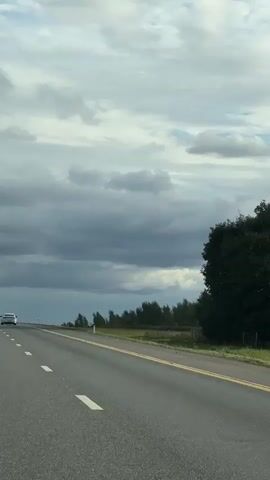 A white car is seen driving on a highway, presumably in the left lane. The sky is filled with dramatic, dark clouds, suggesting an overcast or stormy day. The road is asphalt with white and yellow markings. To the right of the road, there is a grassy field lined with a dense row of trees. The car is moving away from the camera.