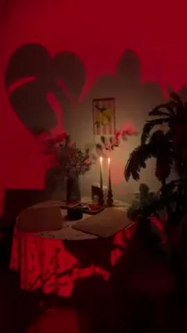 The video shows a dimly lit room, awash in red light. In the center, a small round table with a patterned tablecloth is illuminated by the flickering light of two candles. The table is set with placemats and topped with a basket. To the left, a vase holds a bouquet of flowers, casting a shadow on the wall. On the right, a potted plant adds to the ambiance. Projected on the wall are shadows of Monstera leaves, and a framed picture of lemons hangs above the table. The room is quiet, with music playing softly in the background.
