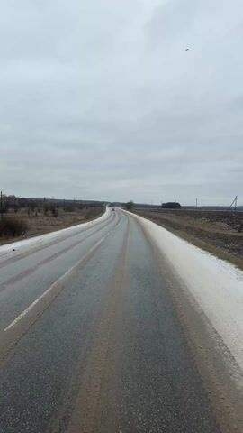 The video presents a long-distance, eye-level view of a straight, two-lane rural road under an overcast, grey sky. The asphalt road surface appears wet and slushy in the main driving lanes, with visible brown-tinged tire tracks marking the path. Patches of snow or frozen slush line the shoulders of the road and extend into the adjacent, uncultivated fields.

In the distance, a light brown or beige hatchback car, possibly a Hyundai i30, approaches the camera. As it draws closer and passes the camera on the left, it kicks up a spray of water and slush from the wet road. The surrounding landscape is flat and open, with sparse, leafless trees and bushes dotting the distant horizon. Utility poles with power lines run parallel to the road on both sides, disappearing into the distance. A small, dark, indistinct object, possibly a bird, is visible high in the sky.

The scene depicts a cold, late winter or early spring day, with lingering snow and wet conditions. The setting is rural, located in Заборье, Russia, as indicated by the context. No people are visible, and there is no visible text.
