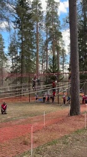 Adventure seekers tackle forest ropes course in Lesnoye, Russia