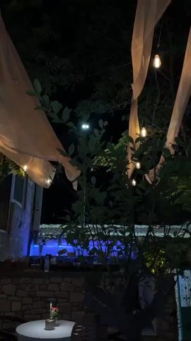The video shows an outdoor seating area at night. Several tables are visible, one of which has a small potted plant on it. String lights are draped across trees, illuminating the space. The background features a stone building with a blue light source. A sheer, light-colored fabric is draped between trees, creating a canopy effect.