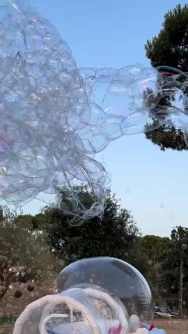 A bubble-making apparatus is being operated outdoors. Bubbles are seen floating upwards and outwards from a large net suspended from a tall pole. Below the net, a clear inflatable dome structure is visible, partially filled with bubbles. Several people are gathered in the background, some standing and others sitting on a grassy area. A tree with green foliage stands to the right of the scene. The sky is clear and blue. A bottle of liquid soap and a small white tub are on the ground in the foreground.