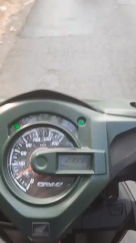 The video shows a close-up of a motorcycle's instrument cluster. The cluster displays a speedometer with a needle indicating a speed of approximately 20 km/h. There is also a digital display showing the mileage as 23996. A green "ECO" light is illuminated on the dashboard, suggesting the vehicle is being operated in an economical manner. The background appears to be a road surface, suggesting the video was taken while riding the motorcycle.