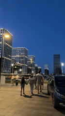 Evening stroll captured in Kazan amid illuminated cityscape