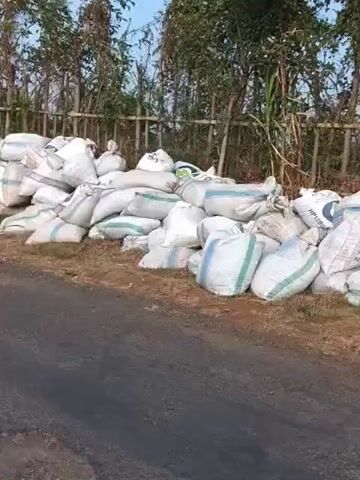 A large pile of white sacks is visible. The sacks appear to be full and are stacked on the side of a road. A wooden fence and trees are visible in the background.