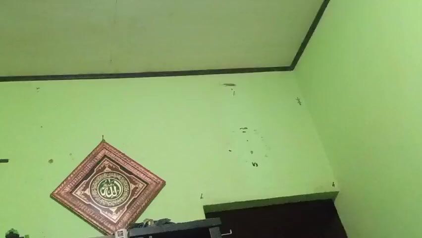 A video shows a corner of a room with light green walls. A framed Islamic calligraphy artwork hangs on the left wall. A dark object, possibly a shelf or furniture, is visible below the artwork. The ceiling is also visible and has a black border along the corner where the walls meet the ceiling. The scene appears static, with no discernible action or interaction. The lighting suggests it might be indoors during the day.