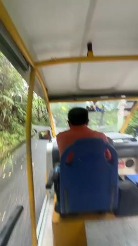 A person wearing an orange shirt is driving a yellow golf cart down a paved road. The road is on the left side of the cart. The road is lined with lush green trees and foliage on the left and right sides. The sky is overcast. The golf cart is open-air with a yellow frame and a white body. The driver's seat is blue. The video is shot from inside the golf cart, looking forward.