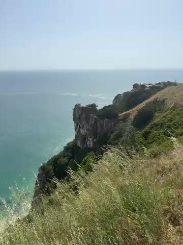 The video presents a panoramic view from a high cliff overlooking a vast coastal landscape on a clear, sunny day. The scene opens with a shot of the deep turquoise-blue ocean, with waves gently breaking against the base of a rugged cliff. Dry, tall grass sways in the foreground, and a distinctive rocky outcrop is visible on the right side of the cliff face. In the distance, tiny dark specks, possibly birds, are seen against the bright blue sky.

The camera then slowly pans to the left, revealing a breathtaking vista. A long, wide expanse of golden sandy beach stretches into the distance, bustling with many people, though their individual details are indistinct from this high vantage point. The beach is bordered by a town, with numerous buildings visible along the coastline. The clear, vibrant blue-green waters of the ocean continue to dominate the view, meeting the shoreline with gentle white-capped waves. The overall setting is that of a popular and beautiful coastal area, consistent with Nazaré, Portugal. There is no visible text in the video.