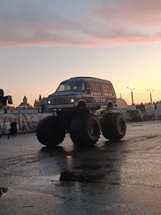 Monster truck van 'Big Bus' parked at dusk in Yoshkar-Ola