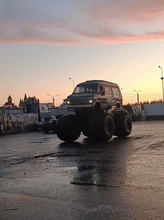Monster truck van 'Big Bus' parked at dusk in Yoshkar-Ola