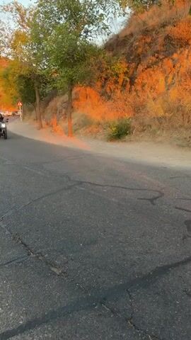 A motorcycle rider on a black motorcycle is seen riding on a paved road. The rider is wearing a helmet and a black jacket. The road is lined with trees and a grassy hill. The sun is setting, casting a warm orange glow on the hillside. In the background, several cars are parked along the side of the road. The overall scene depicts a scenic ride during sunset.