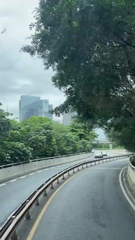The video shows a view of a city street from a moving vehicle, likely a car or bus. The road curves gently to the right and has a yellow lane marker and a metal guardrail on the left side. Several cars are driving on the road, including a silver EV, a white sedan, and a black car. In the background, there are modern buildings and skyscrapers, partially obscured by lush green trees that overhang the road. The sky is overcast and gray. There is also a crosswalk with white and black stripes. The general scene appears to be a typical urban landscape on a cloudy day.