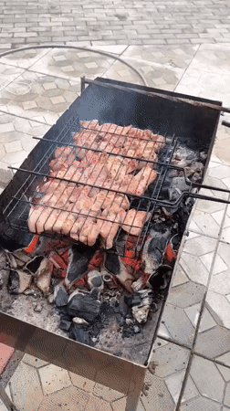 Outdoor barbecue gathering with wine and grilled meat documented